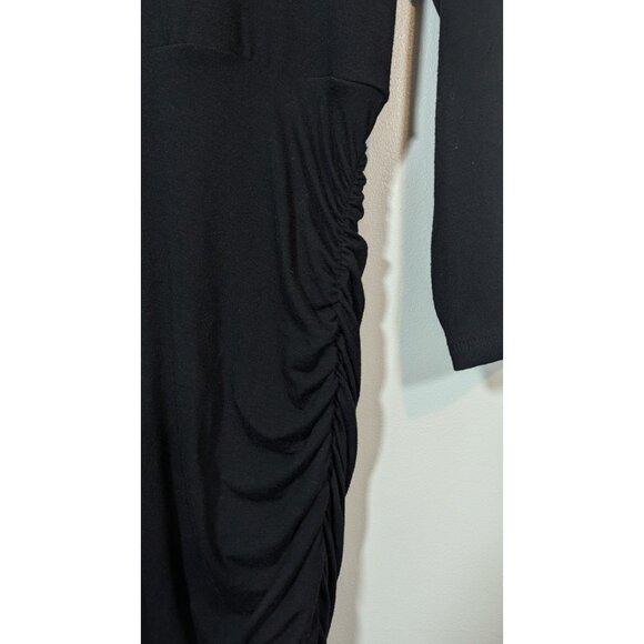 Torrid Black Ruched Bodycon Dress 1X Midi V-Neck 3/4 Sleeve Stretchy Plus Size - Picture 2 of 8